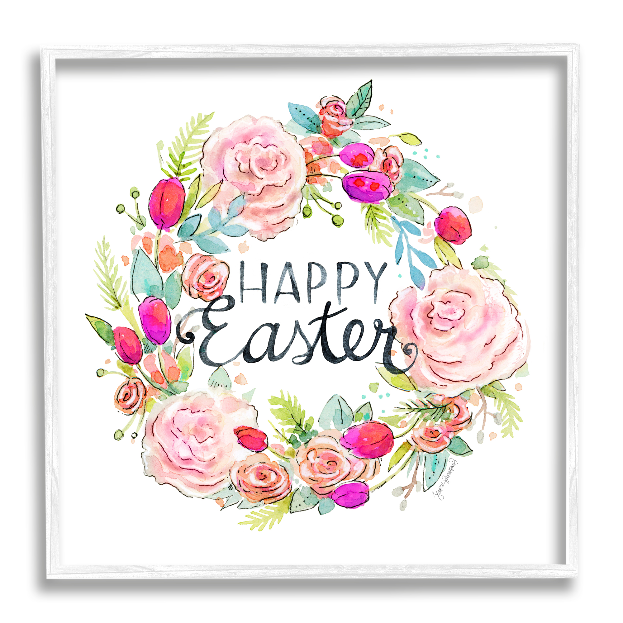 Happy Easter Vivid Pink Floral Blossom Border Botanical & Floral Graphic Art Framed Art Print Wall Art