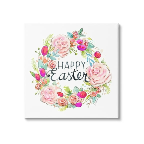 Happy Easter Vivid Pink Floral Blossom Border Botanical & Floral Graphic Art Gallery-Wrapped Canvas Print Wall Art