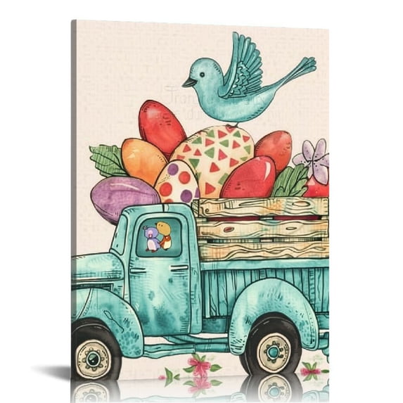 Happy Easter Wall Art Prints,Truck Bunny Tail Eggs Spring Home Decor for Farmhouse Living Room Bedroom Easter Decorations Gift