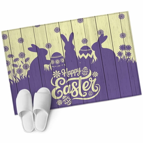 Happy Easter Washable Area Rug 2 x 3 ft Purple Rabbits Silhouette Eggs Yellow Wood Grain, Soft Non Slip Rugs Stain Repellent Indoor Felt Carpet for Living Dining Room Bedroom Home Office
