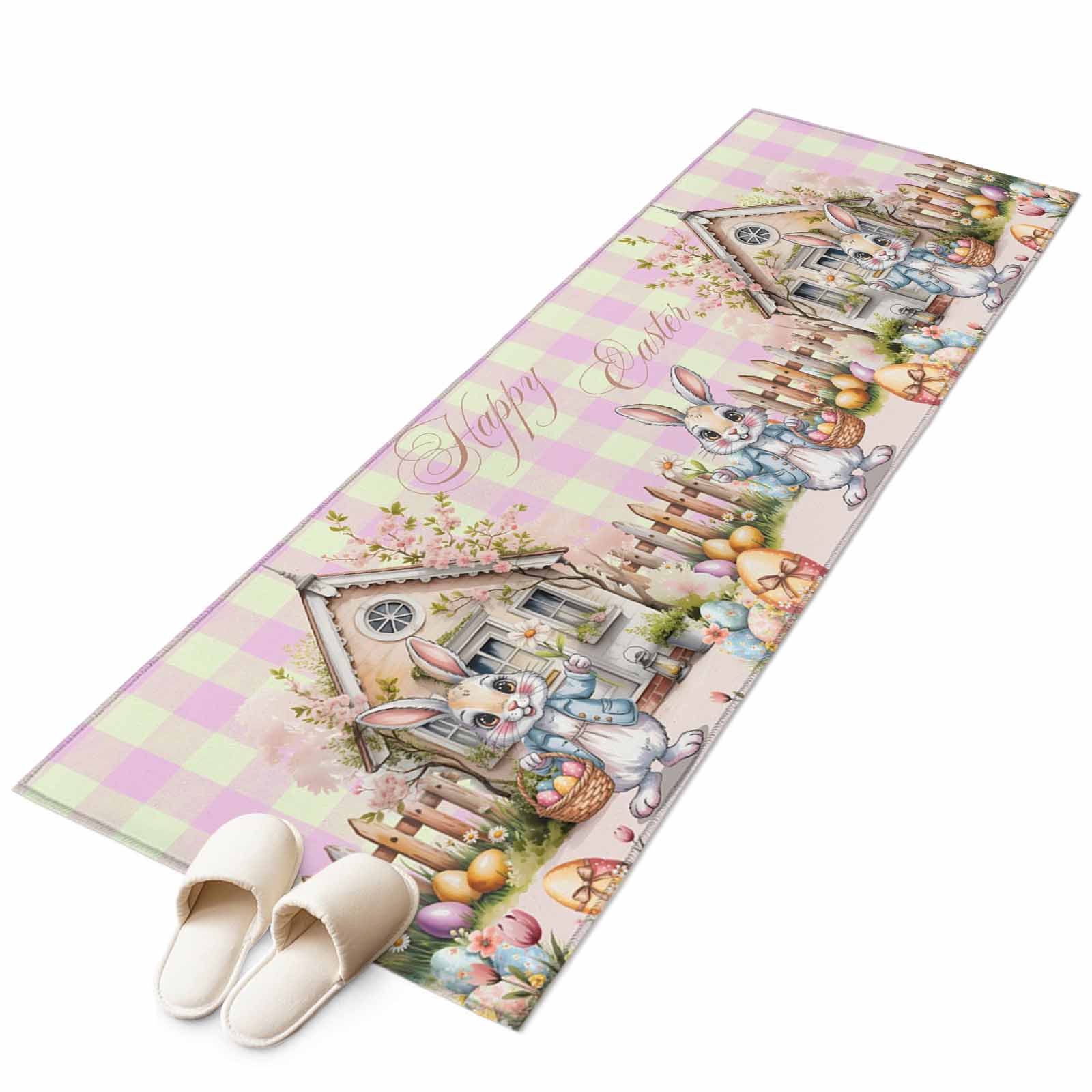Pink Easter Rug Happy Easter Washable Area Rug 2 x 6 ft Watercolor Rabbit Cabin Colored ...