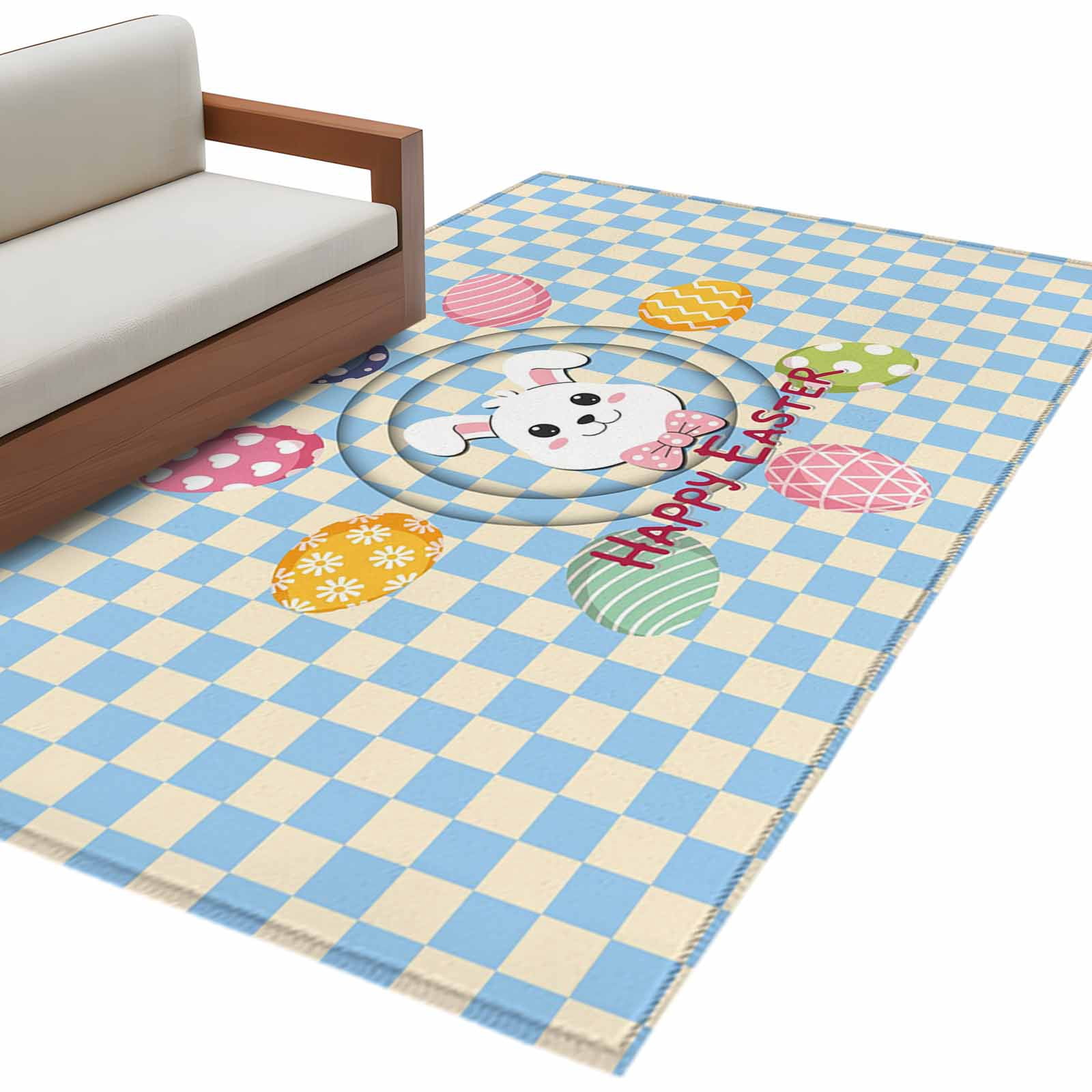 Happy Easter Rug Happy Easter Washable Area Rug 4 x 6 ft Spring Bunny Colorful Eggs Blue ...