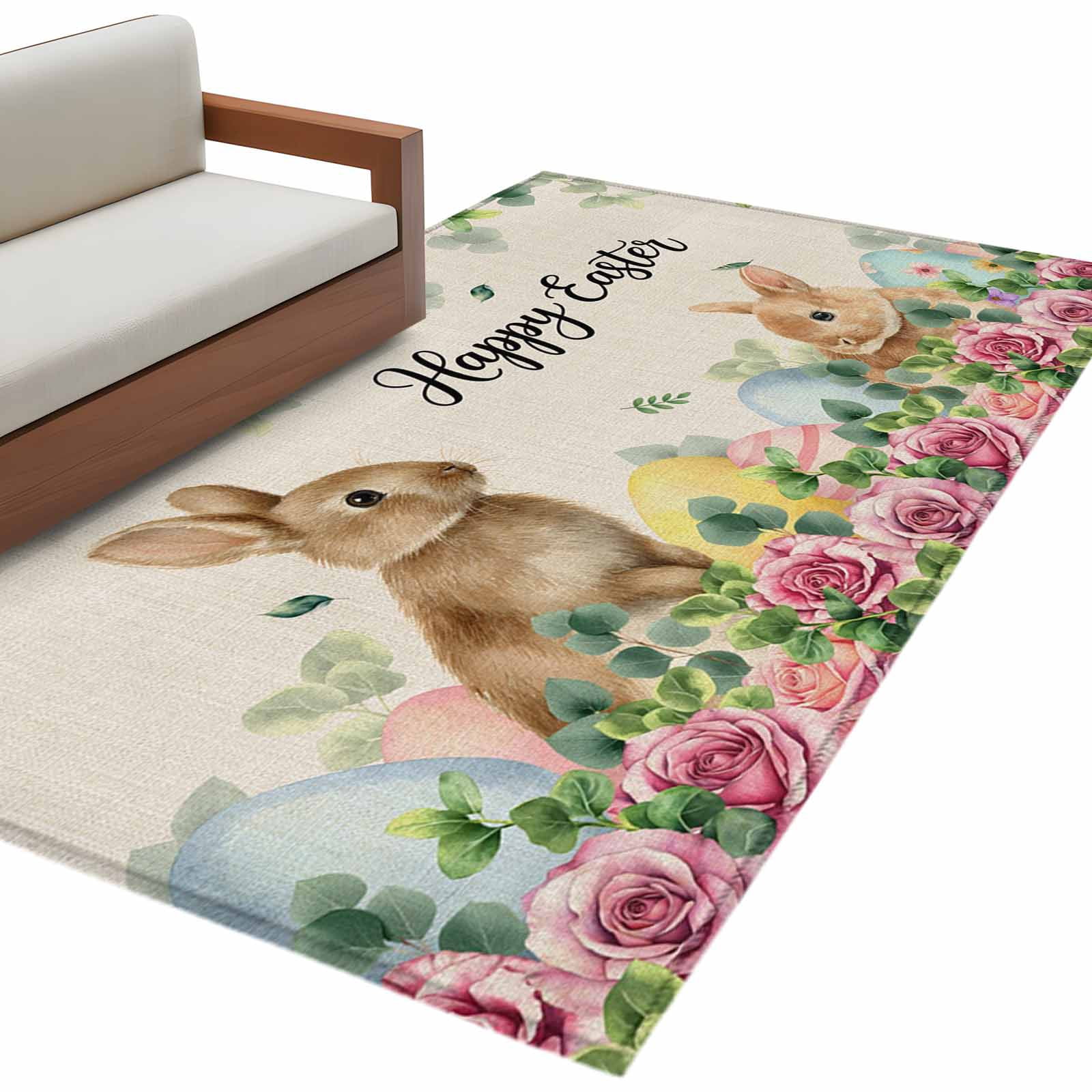 Pink Easter Rug Happy Easter Washable Area Rug 4 x 6 ft Spring Khaki Bunny Pink Rose ...