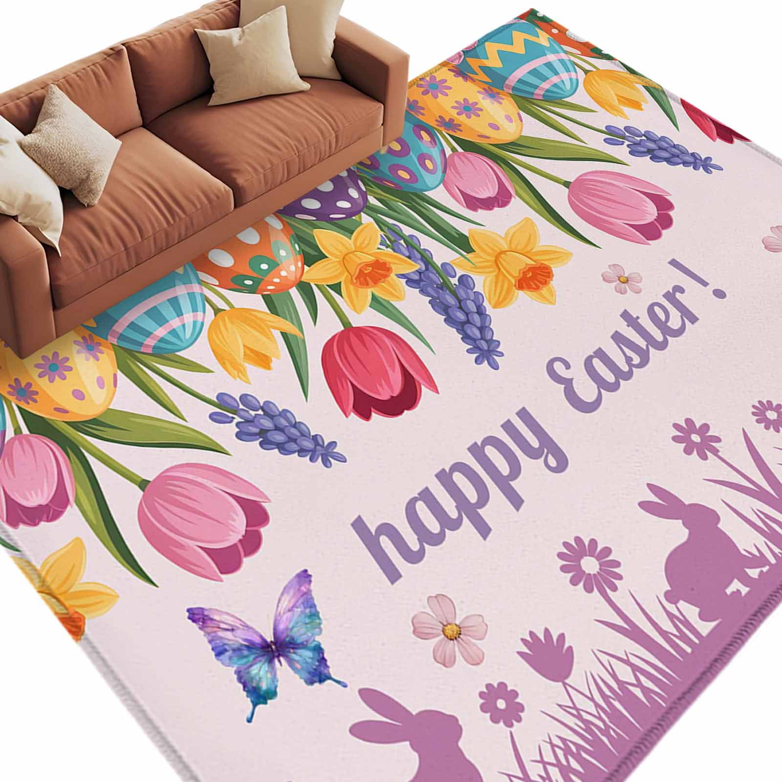 Easter Colors Rag Rug Happy Easter Washable Area Rug 5 x 8 ft Spring Floral Eggs Butterfly ...