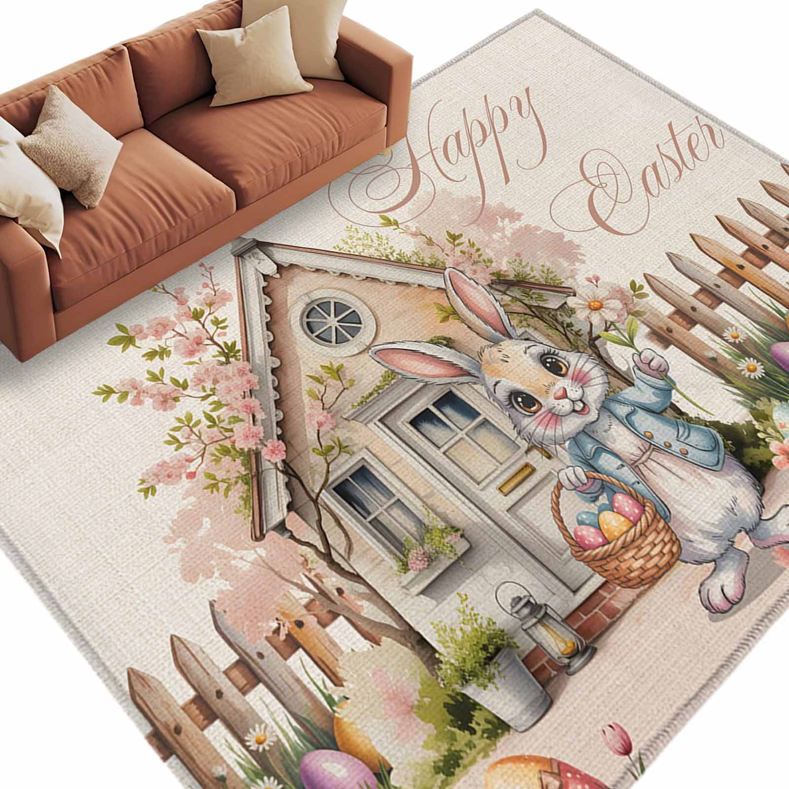 Easter Colors Rag Rug Happy Easter Washable Area Rug 5 x 8 ft Watercolor Rabbit Cabin Colored ...
