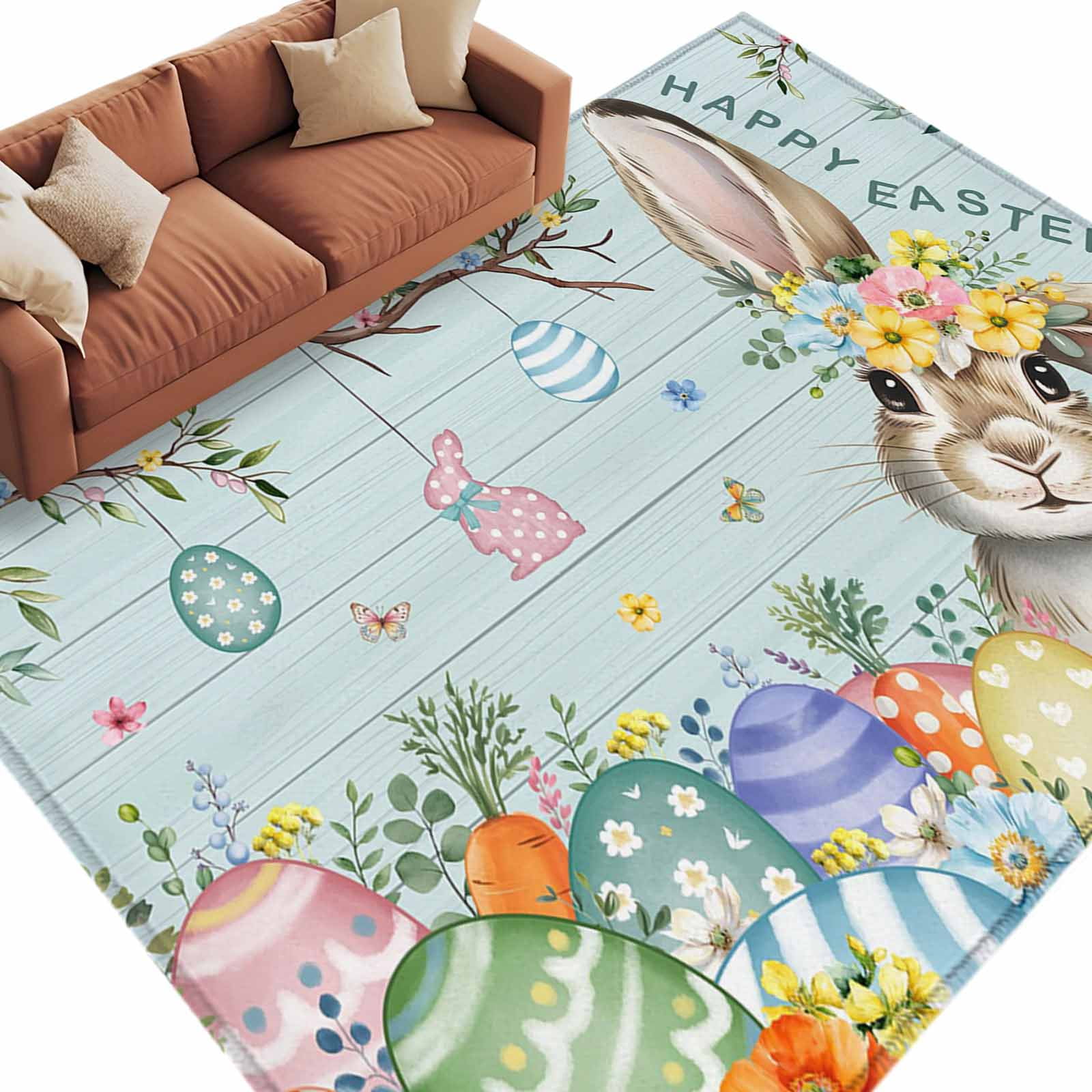 Easter Colors Rag Rug Happy Easter Washable Area Rug 6 x 9 ft Cute Gray Bunny Easter Egg ...