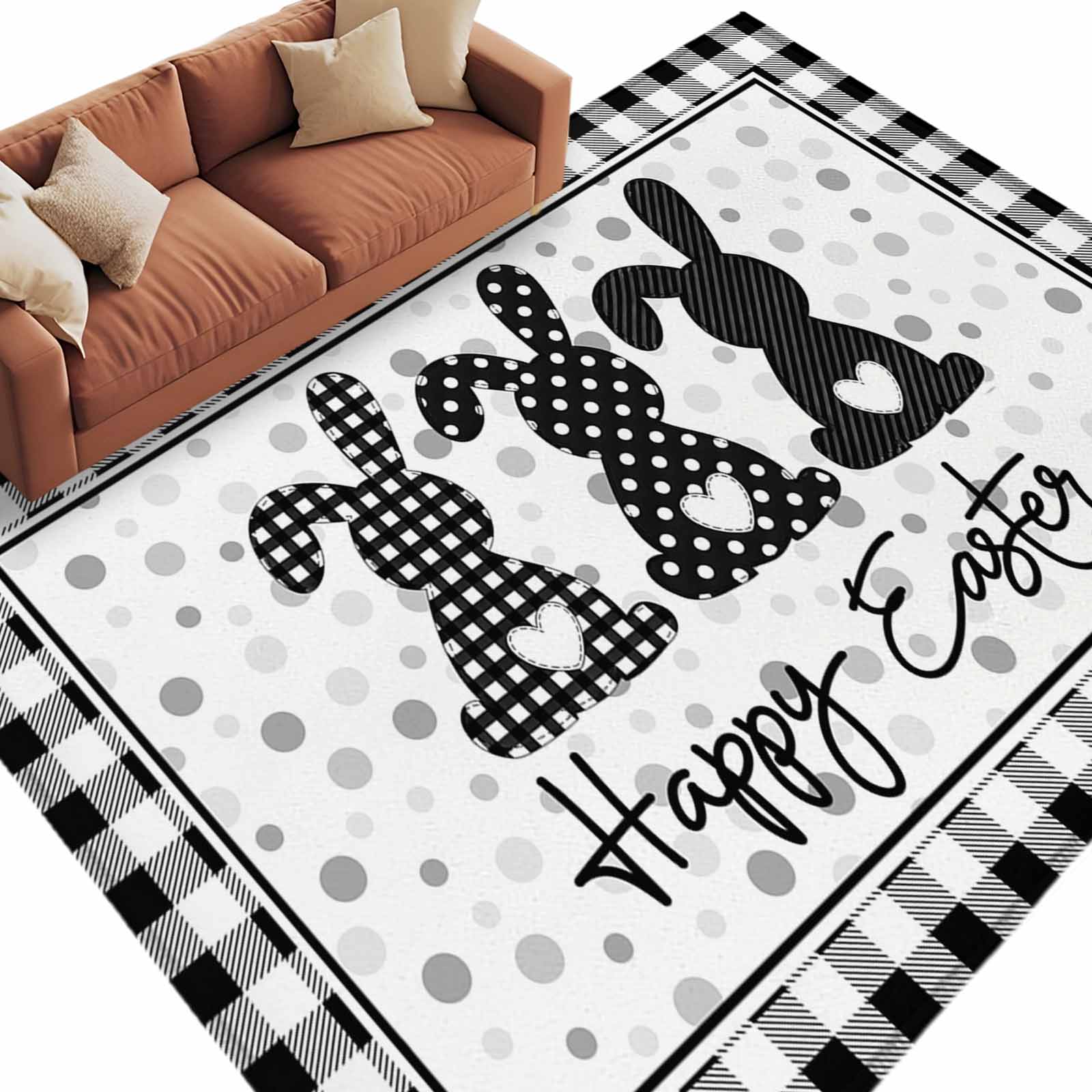 Happy Easter Rug Happy Easter Washable Area Rug 8 x 10 ft Black Bunny Polka Dots Rabbits ...