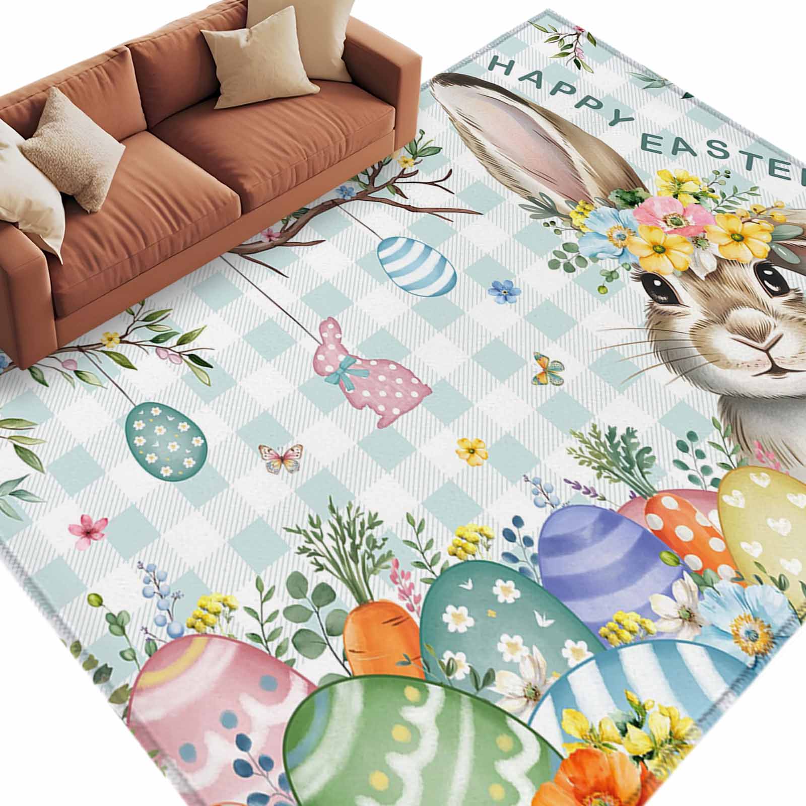 Easter Rug Design Happy Easter Washable Area Rug 8 x 10 ft Cute Gray Bunny Easter Egg ...