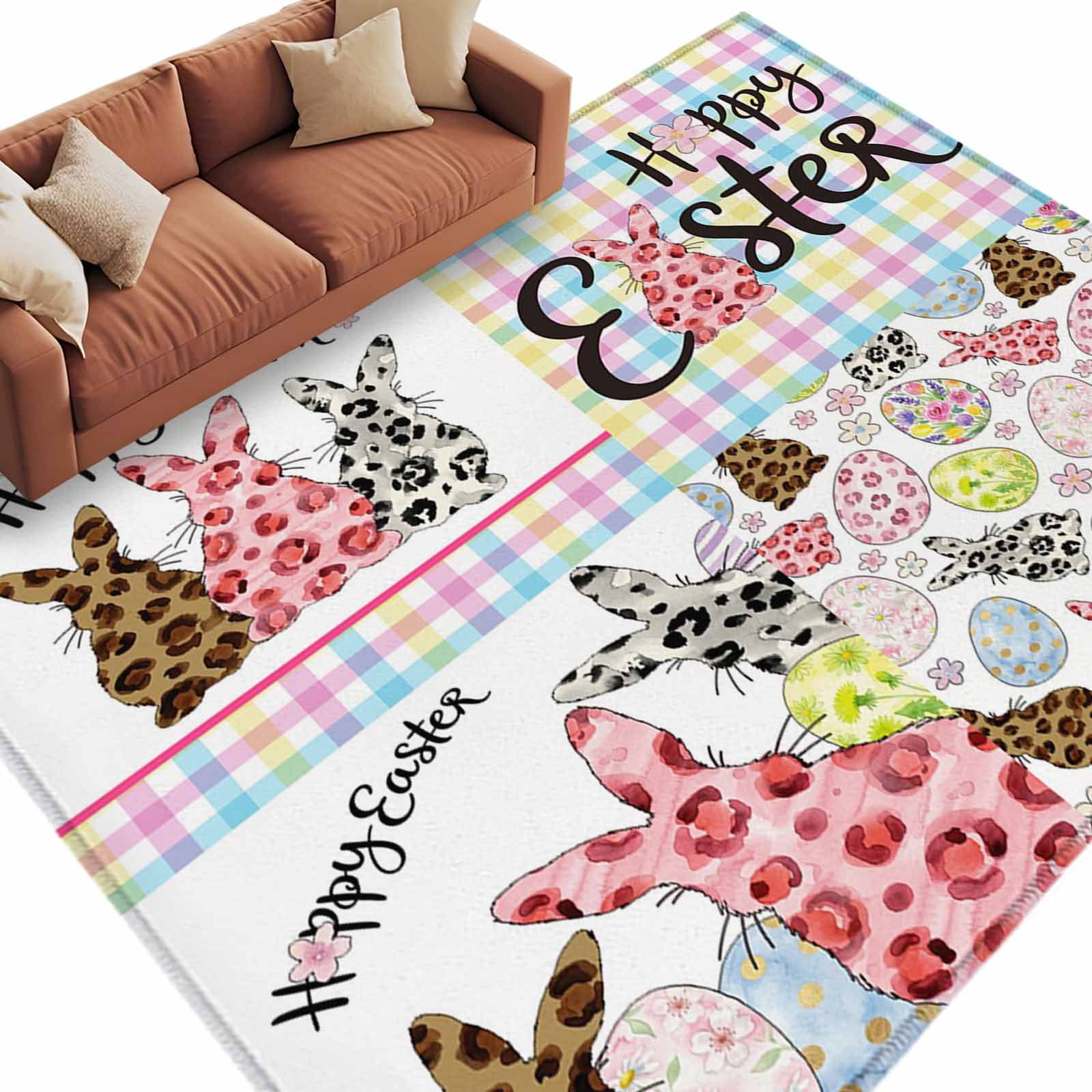 Easter Colors Rag Rug Happy Easter Washable Area Rug 8 x 10 ft Leopard Bunny Pink Blue Yellow ...