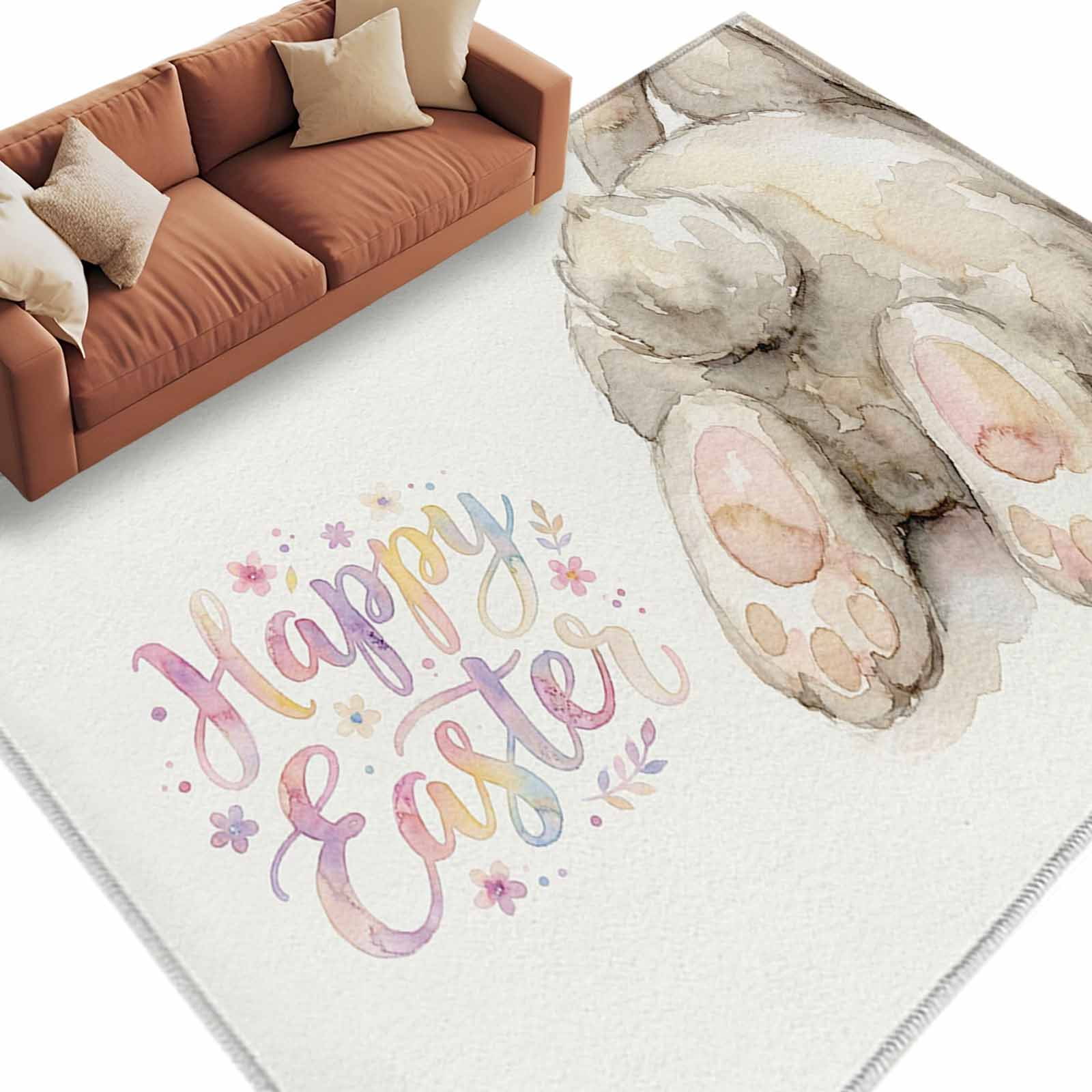 Happy Easter Washable Area Rug 8 x 10 ft Spring Bunny Ass Watercolors ...