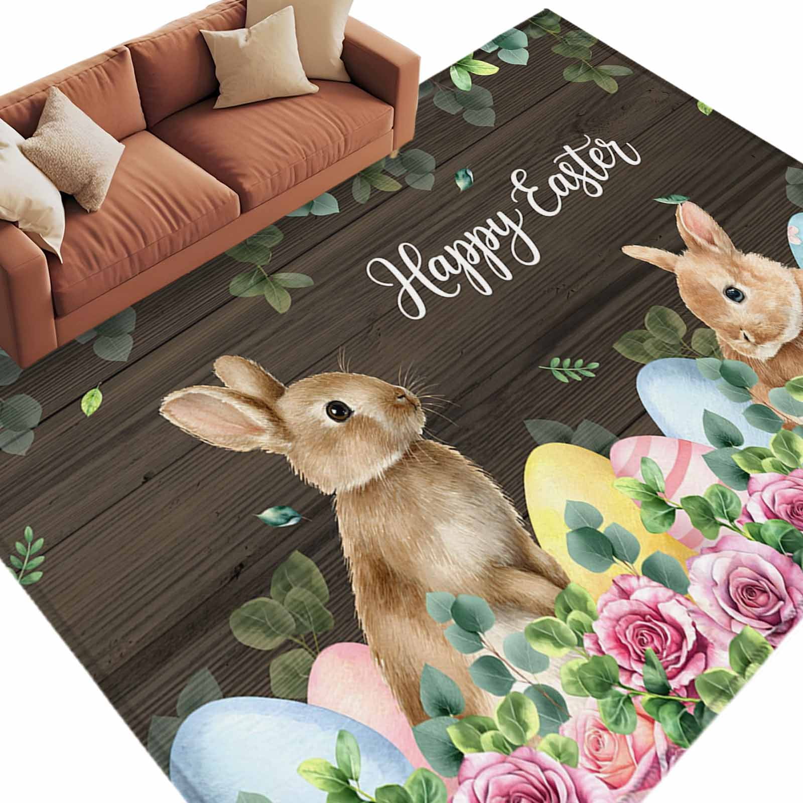 Easter Colors Rag Rug Happy Easter Washable Area Rug 8 x 10 ft Spring Khaki Bunny Pink Rose ...