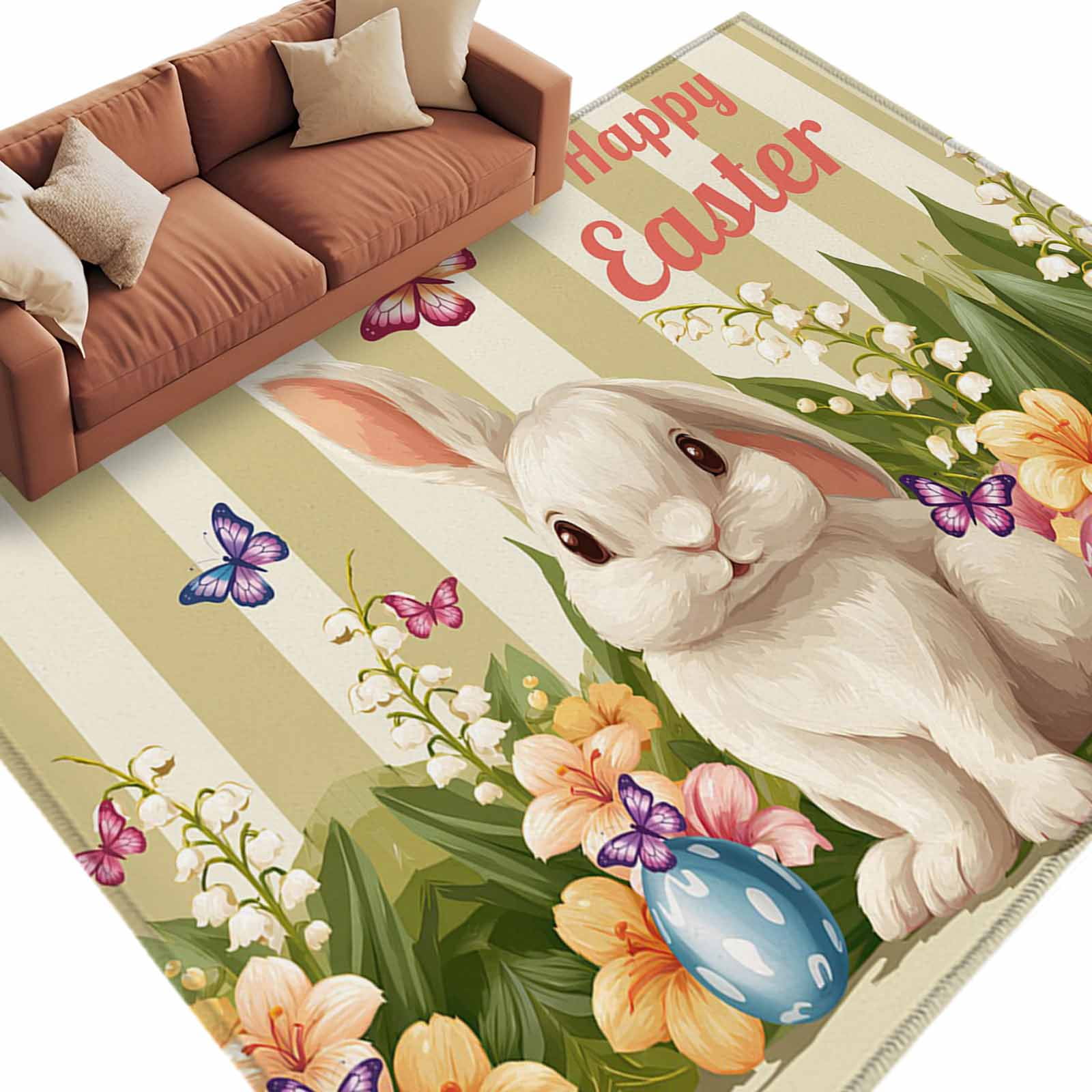Easter Colors Rag Rug Happy Easter Washable Area Rug 8 x 10 ft Watercolor Rabbit Eggs Flowers ...