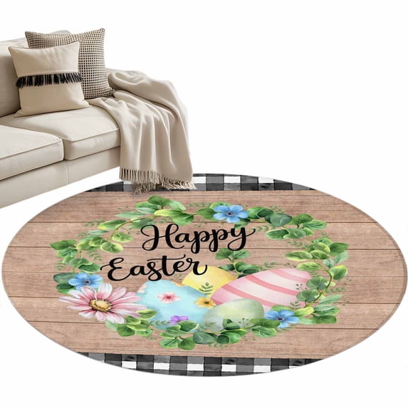 Happy Easter Washable Round Area Rug 3 ft, Color Egg Jugal Leaf Flower ...