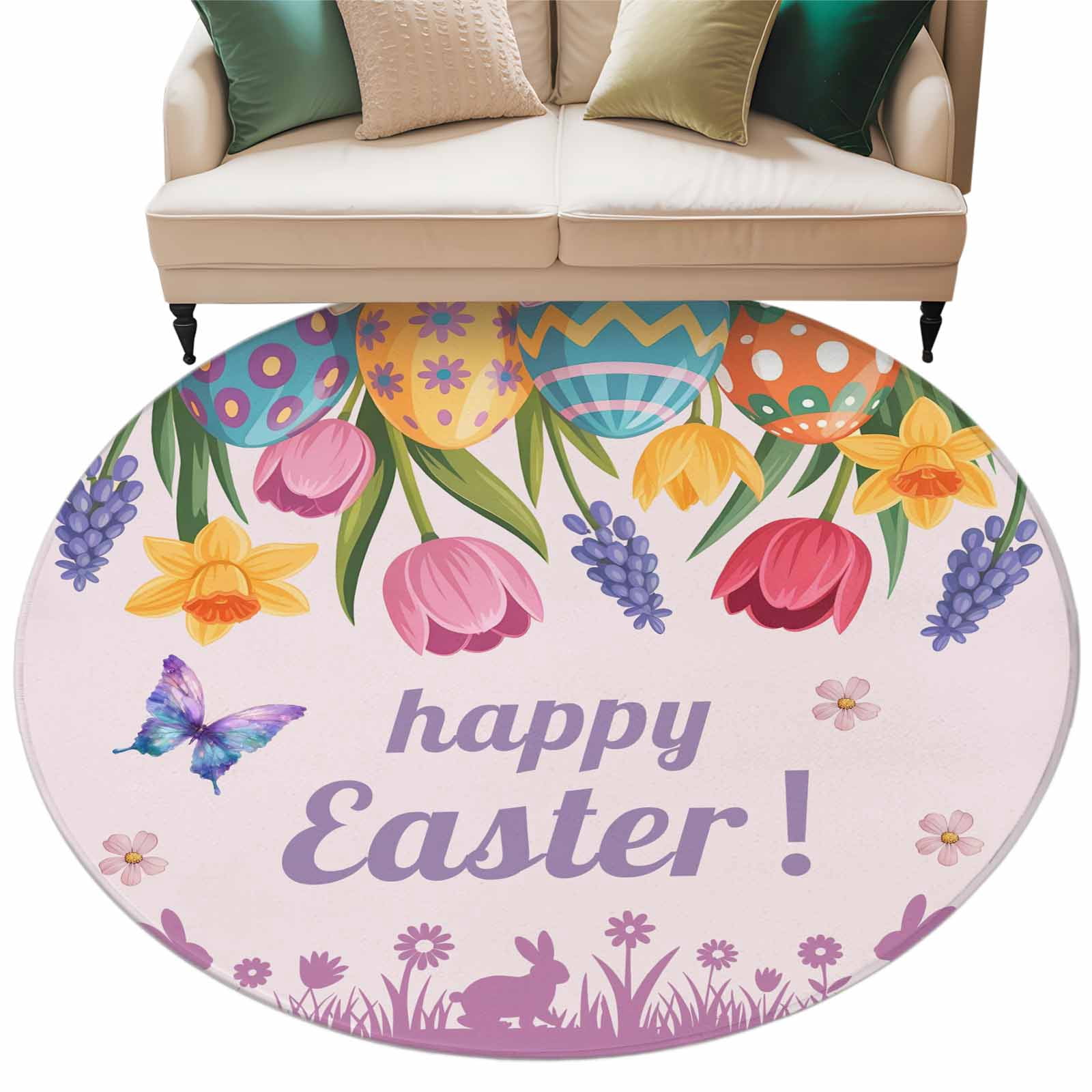 Cartoon Easter Rug Happy Easter Washable Round Area Rug 5 ft, Spring Floral Eggs Butterfly ...