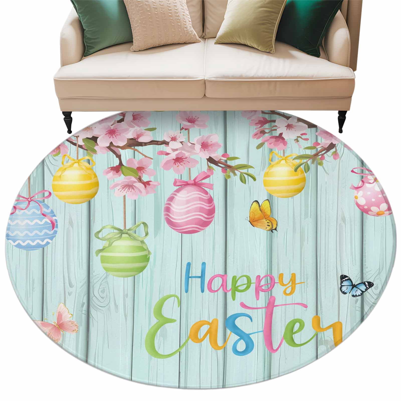Round Easter Rug Happy Easter Washable Round Area Rug 5 ft, Spring Pink Floral Eggs ...