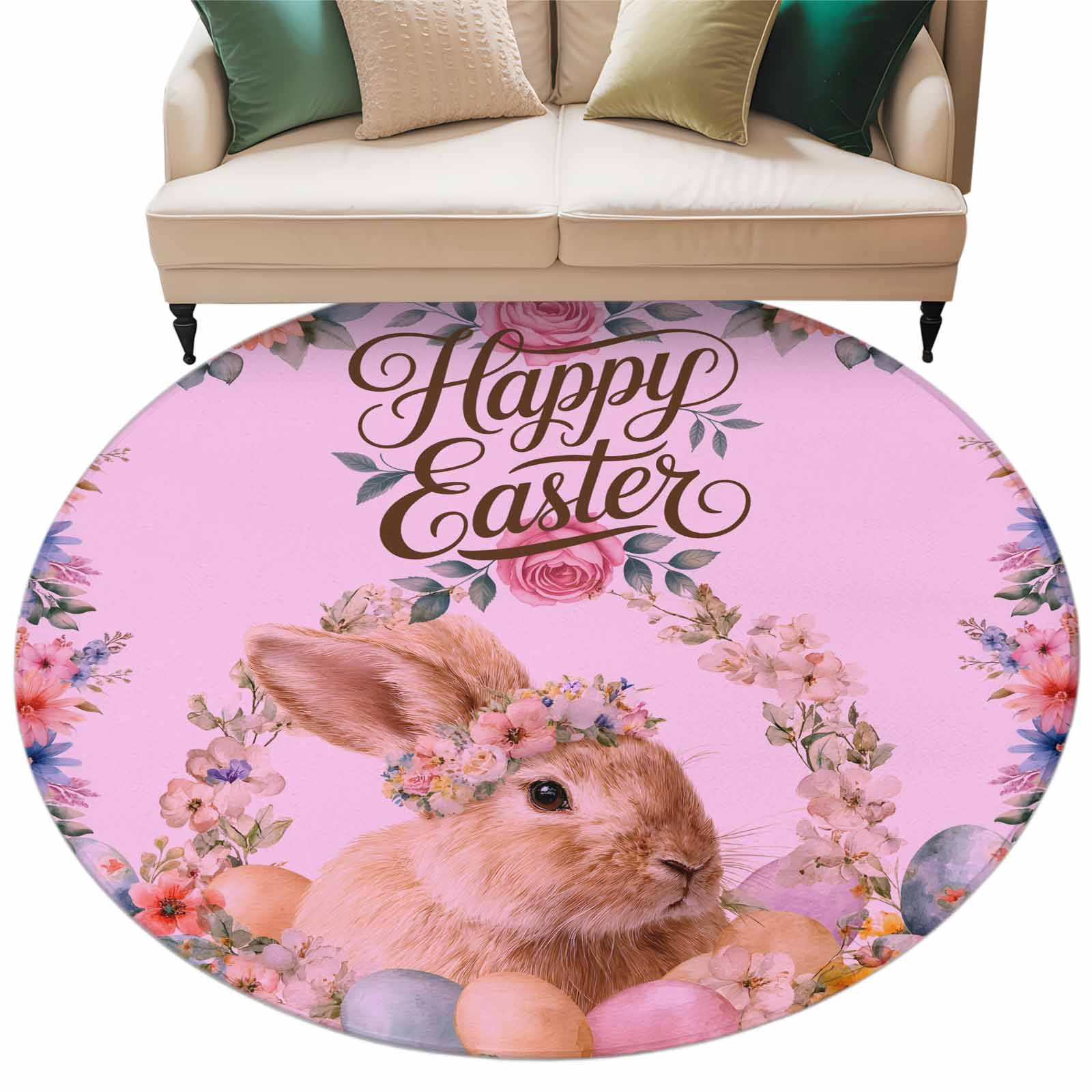 Round Easter Rug Happy Easter Washable Round Area Rug 5 ft, Spring Rabbit Colored Eggs ...
