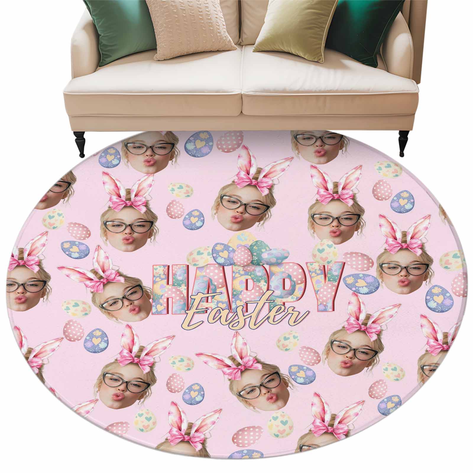 Happy Easter Washable Round Area Rug 6 ft, Cute Rabbit Ears Face Pink ...