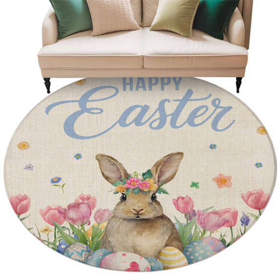 Happy Easter Rug Happy Easter Washable Round Area Rug 7 ft, Watercolor Rabbit Colored ...
