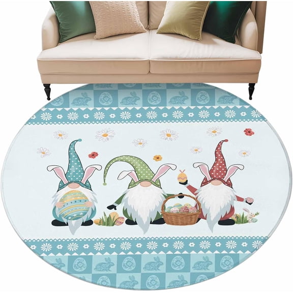 Happy Easter Washable Round Rug 6ft Area Rug for Living Room, Soft Large Non-Slip Circle Dining Room Rugs Cute Gnomes Eggs Blue Bunny Flowers Border Carpet for Bedroom Entryway Classroom Dorm