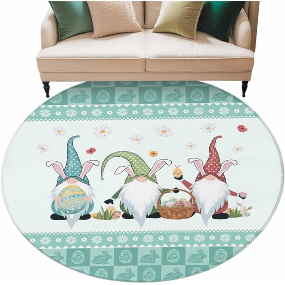 Happy Easter Washable Round Rug 6ft Area Rug for Living Room, Soft Large Non-Slip Circle Dining Room Rugs Cute Gnomes Eggs Green Bunny Flowers Border Carpet for Bedroom Entryway Classroom Dorm