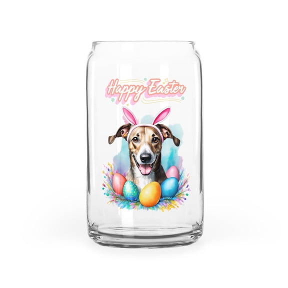 Happy Easter Whippet with Bunny Ear Headband and Flowers 16oz Glass Cup Mug Dog Lover Glass Can - 13001