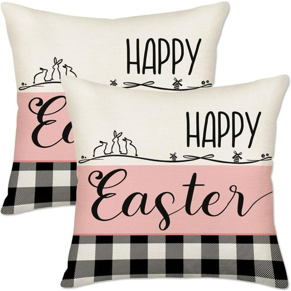 Happy Easter White Pink Pillow Covers 20x20 Inch Set of 2 Black White Buffalo Plaid Rabbit Bunny Family Easter Decorations Throw Pillow Covers Cushion Case Spring Farmhouse Outdoor Home Decor