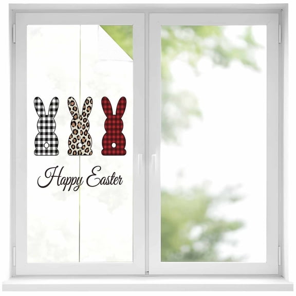 Happy Easter Window Privacy Film, Abstract Black Red Plaid Brown Leopard Rabbits Silhouette Frosted Glass Window Clings Static Cling UV Heat Blocking Reusable Sticker for Bedroom 19.6 x 39.3 Inch