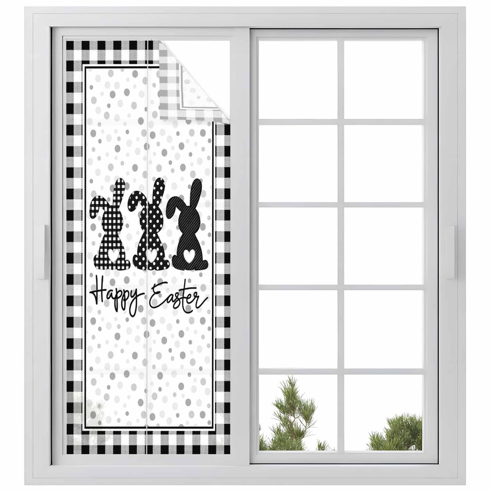 Happy Easter Window Privacy Film, Black Bunny Polka Dots Rabbits Black White Plaid Frosted Glass Window Clings Static Cling UV Heat Blocking Reusable Door Sticker for Bathroom 23.6 x 59 Inch
