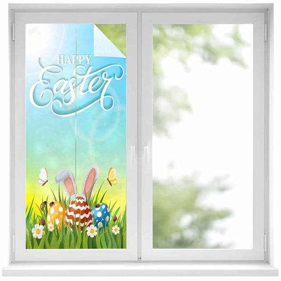 Happy Easter Window Privacy Film, Bunny Ears Colorful Egg White Daisy Grass Gradient Blue Green Frosted Glass Window Clings Static Cling Heat Blocking Reusable Door Sticker for Bedroom 19.6x39.3 Inch