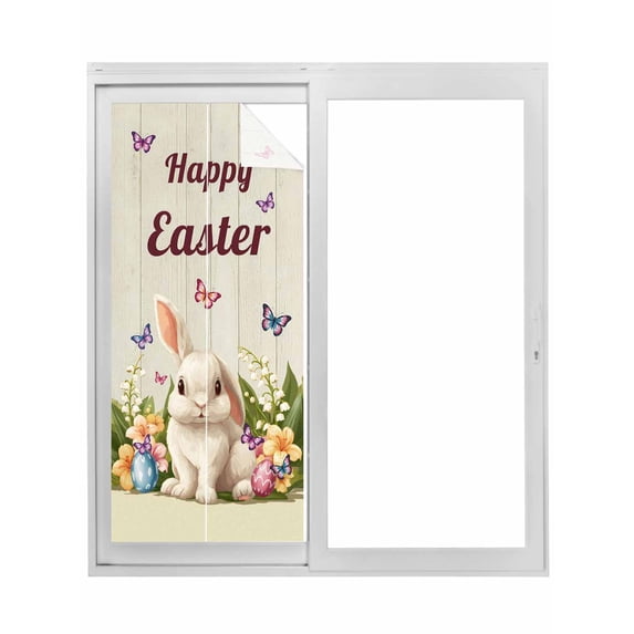 Happy Easter Window Privacy Film, Bunny Eggs Spring Flowers Butterfly Wooden Grain Static Cling UV Sun Blocking Tint Film Heat Control Windows Films for Bedroom Bathroom, Window Stickers 17.7"x39.3"