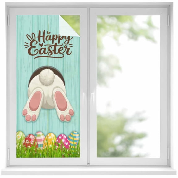 Happy Easter Window Privacy Film, Country White Rabbit Tail Colorful Egg Grass Teal Wood Grain Frosted Glass Window Clings Static Cling Heat Blocking Reusable Door Sticker for Bedroom 19.6x39.3 Inch