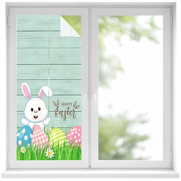 Happy Easter| Window Privacy Film, Cute Rabbit Color Egg Flower Grass Green Wood Grain Frosted Glass Window Clings Static Cling UV Heat Blocking Reusable Door Sticker for Bathroom 17.7 x 39.3 Inch