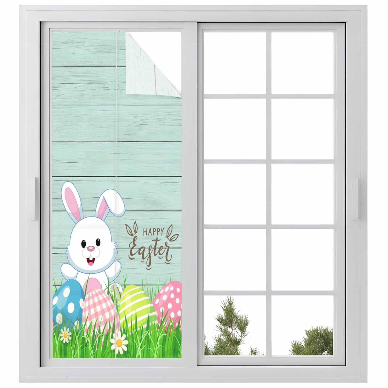 Happy Easter| Window Privacy Film, Cute Rabbit Color Egg Flower Grass Green Wood Grain Frosted Glass Window Clings Static Cling UV Heat Blocking Reusable Door Sticker for Bathroom 23.6 x 59 Inch