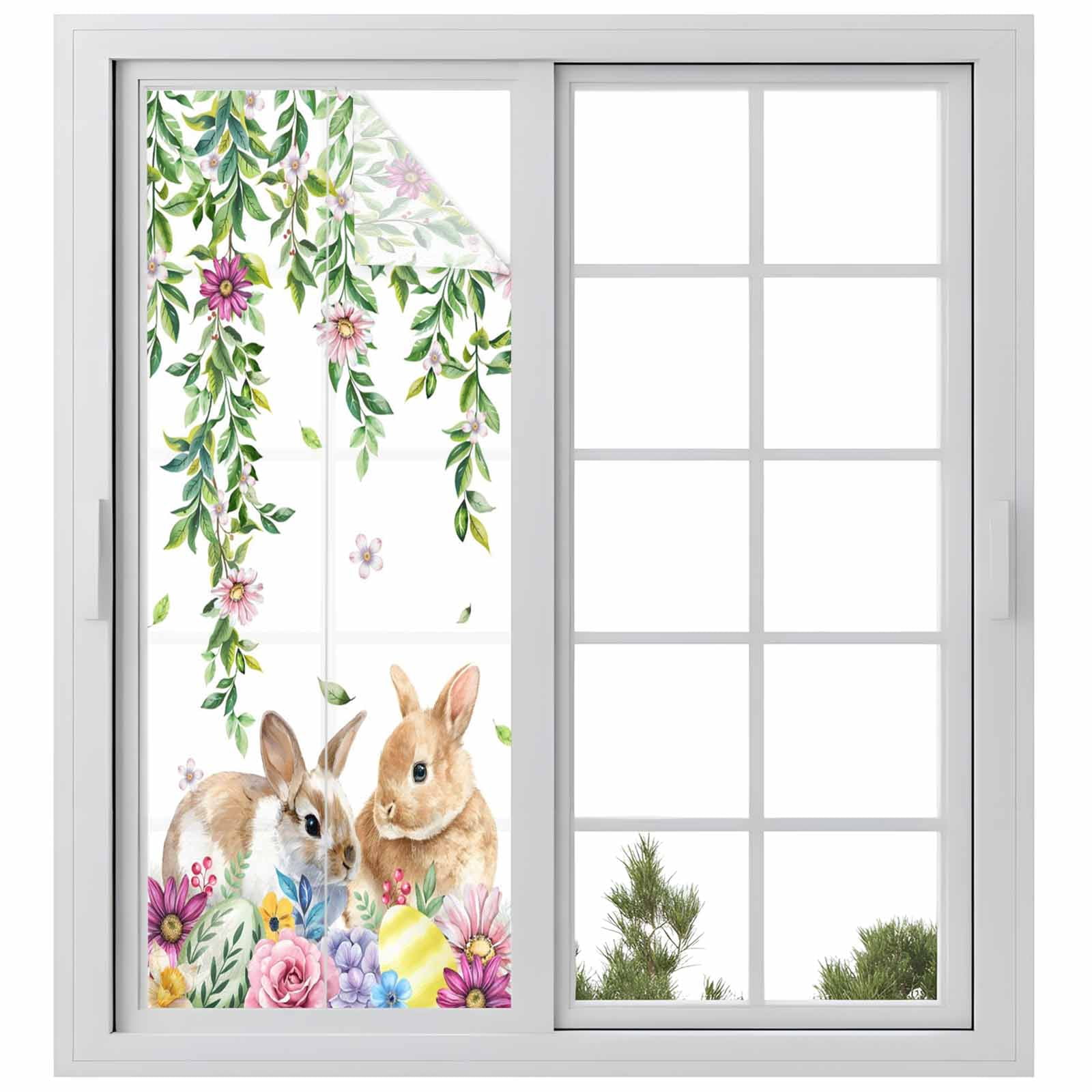 Happy Easter Window Privacy Film, Cutte Rabbits Eggs Floral Plants ...