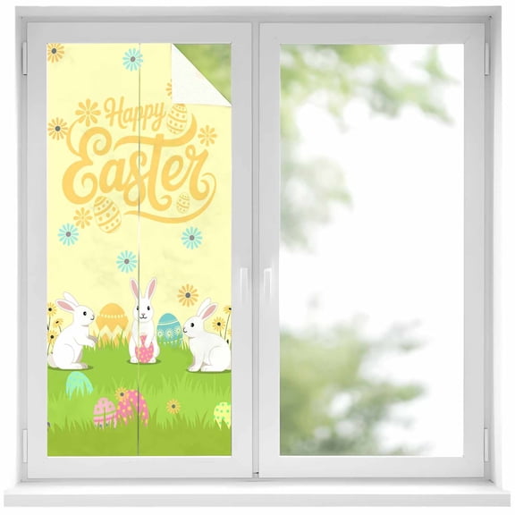 Happy Easter Window Privacy Film, Easter Rabbits Eggs Floral Grass Yellow Background Frosted Glass Window Clings Static Cling UV Heat Blocking Reusable Door Sticker for Bathroom 17.7 x 39.3 Inch