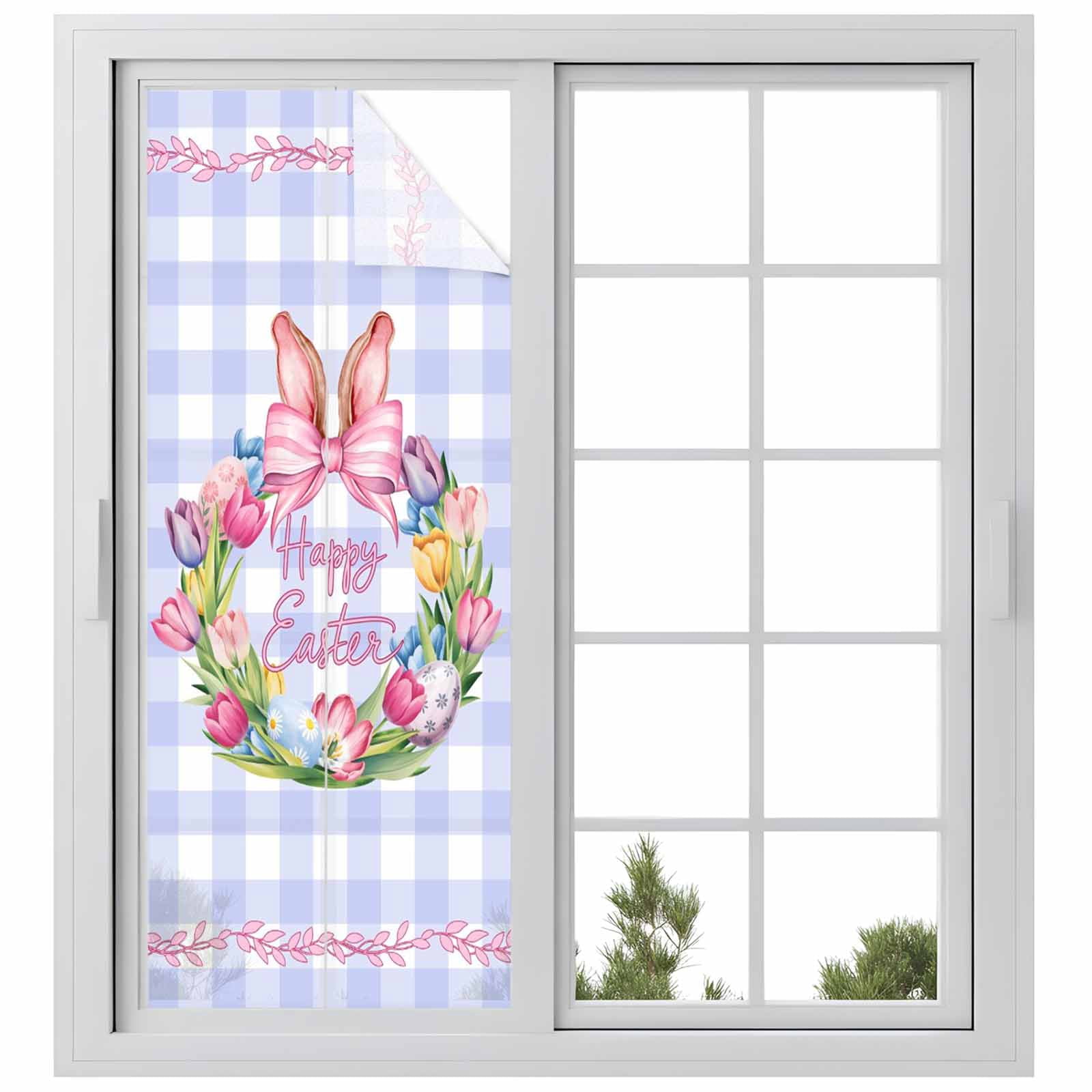 Happy Easter Window Privacy Film, Eggs Tulips Rabbit Ears Pink Leaf Purple Plaid Frosted Glass Window Clings Static Cling UV Heat Blocking Reusable Door Sticker for Bathroom 23.6 x 59 Inch