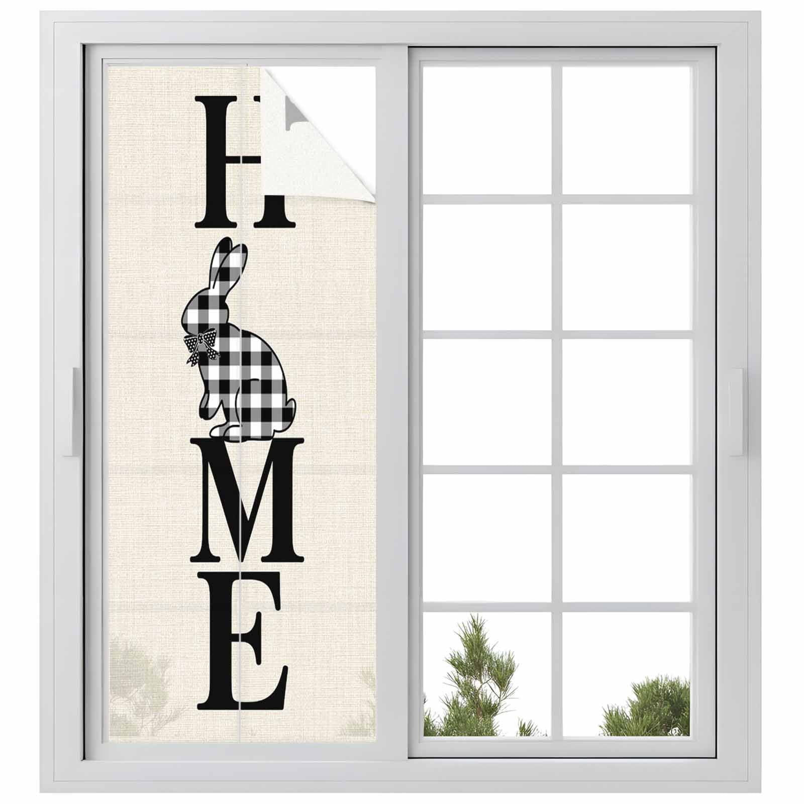 Happy Easter Window Privacy Film, Home Black Buffalo Plaid Rabbit Bowknot Linen Texture Frosted Glass Window Clings Static Cling UV Heat Blocking Reusable Door Sticker for Bathroom 23.6 x 59 Inch