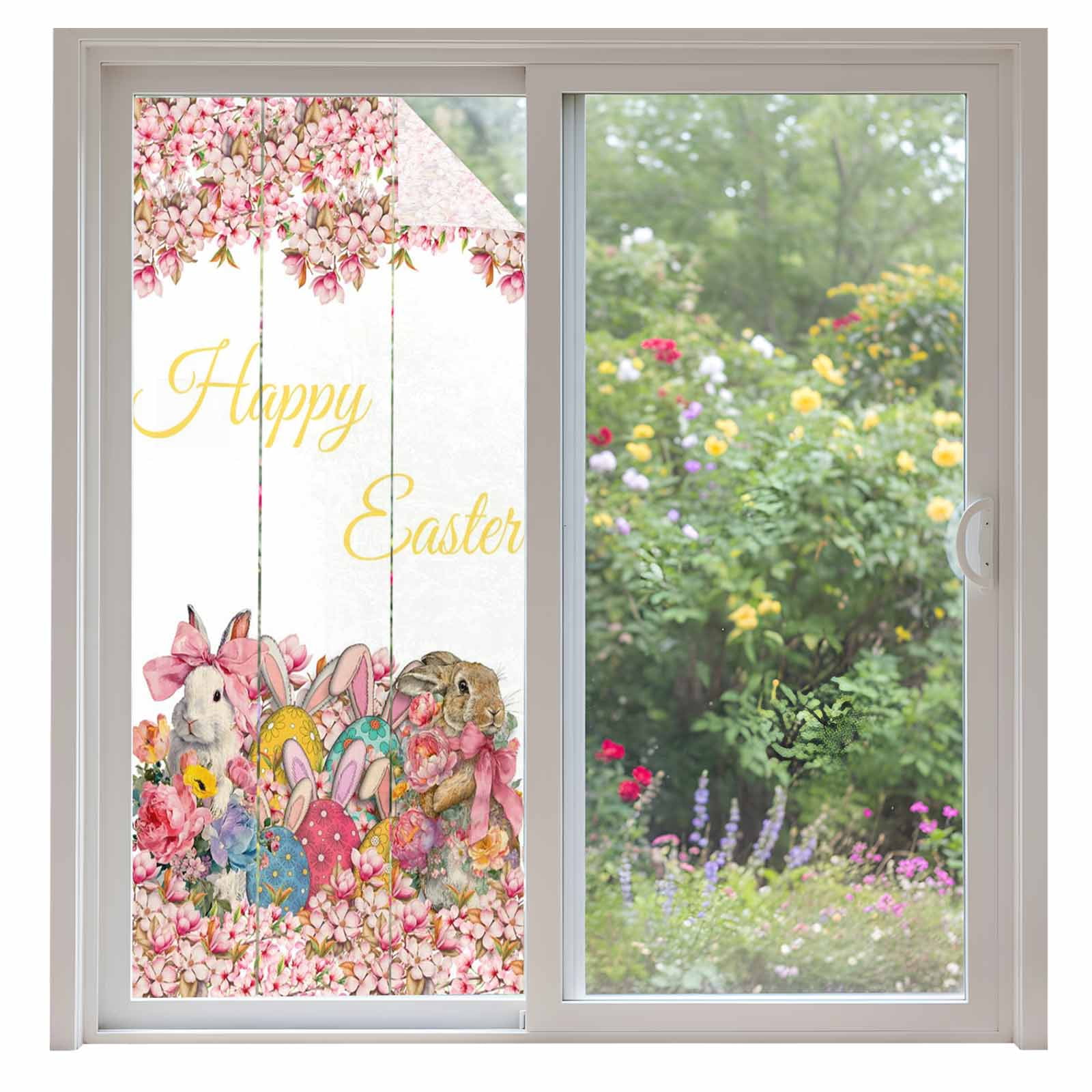Happy Easter Window Privacy Film, Spring Bowknot Rabbits Flowers Eggs Frosted Glass Window Clings Static Cling UV Heat Blocking Reusable Door Sticker for Bathroom 35.4 x 78.7 Inch