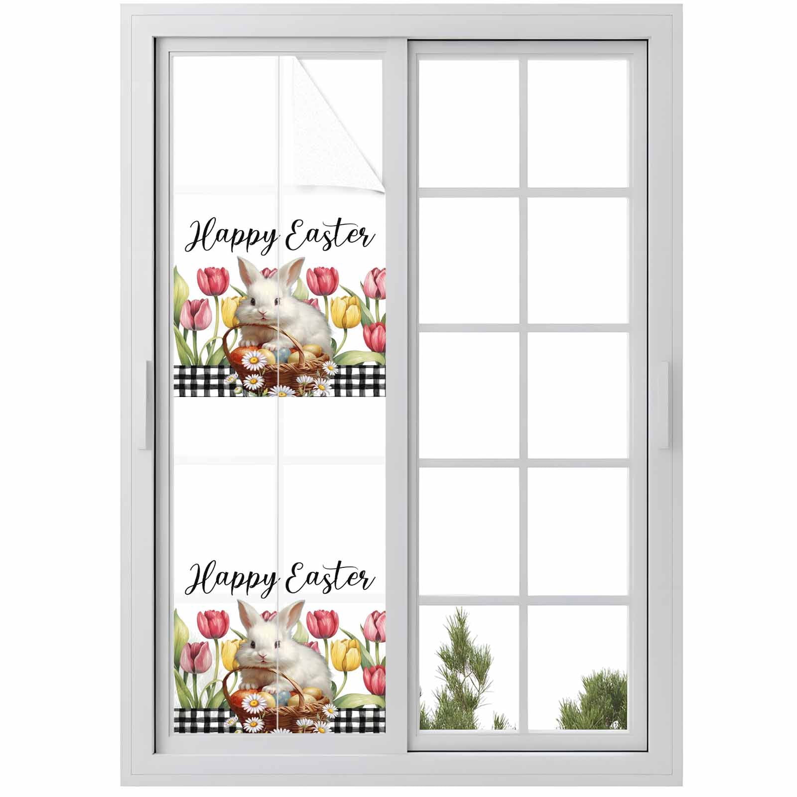 Happy Easter Window Privacy Film, Watercolor Bunny Pink Yellow Tulip Floral Eggs Black Plaid Frosted Glass Window Clings Static Cling UV Heat Blocking Reusable Door Sticker for Bedroom 23.6x78.7 Inch