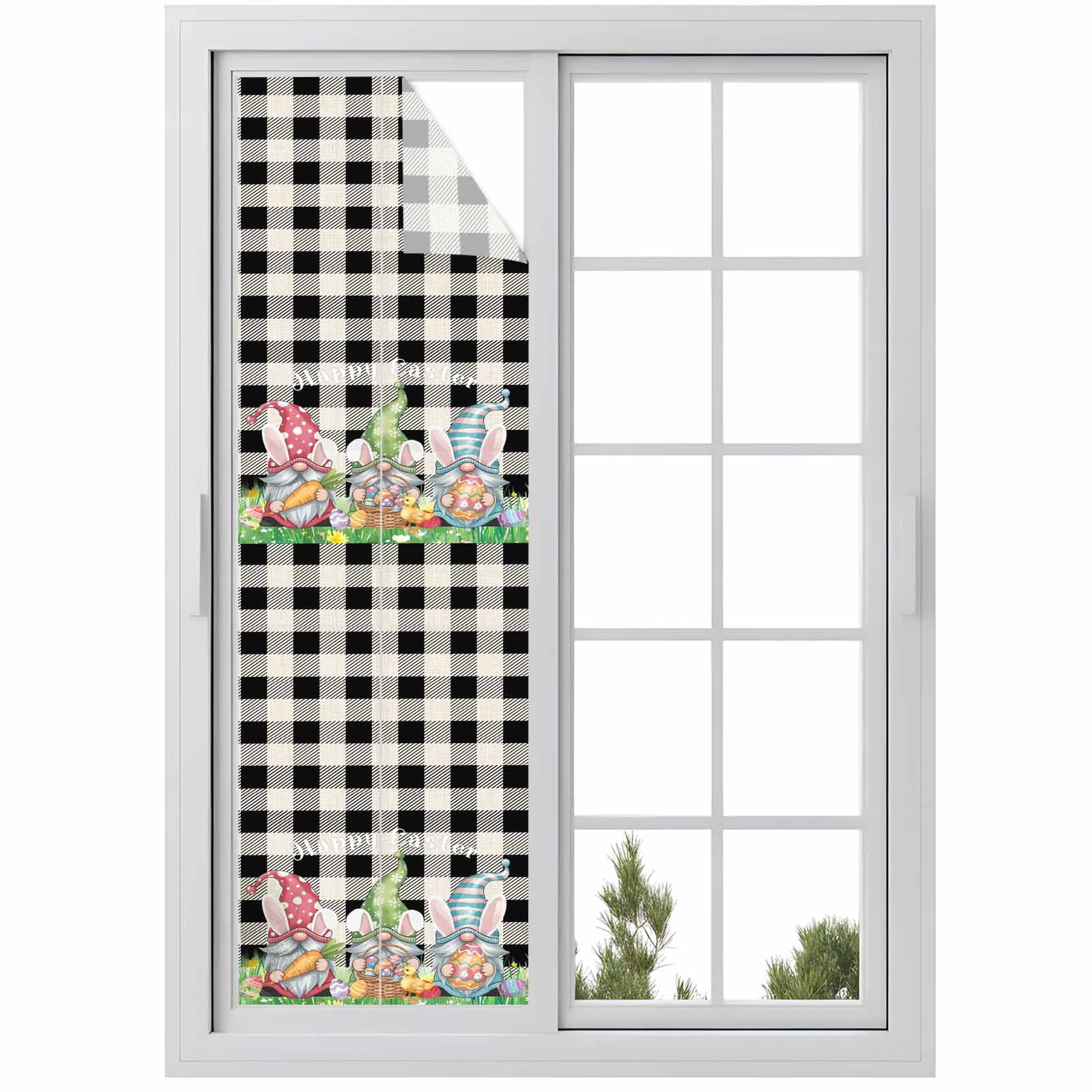 Happy Easter Window Privacy Film, Watercolor Gnomes Colorful Eggs Floral Greenery Black Plaid Frosted Glass Window Clings Static Cling UV Heat Blocking Reusable Sticker for Bedroom 17.7x78.7 Inch