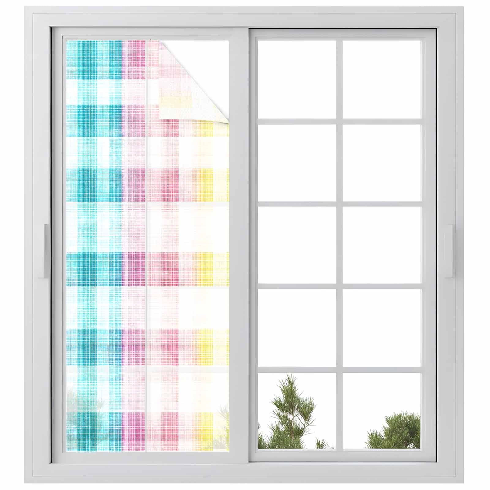 Happy Easter Window Privacy Film, Watercolor Gradient Pink Blue Yellow Buffalo Plaid Frosted Glass Window Clings Static Cling UV Heat Blocking Reusable Door Sticker for Bathroom 23.6 x 59 Inch
