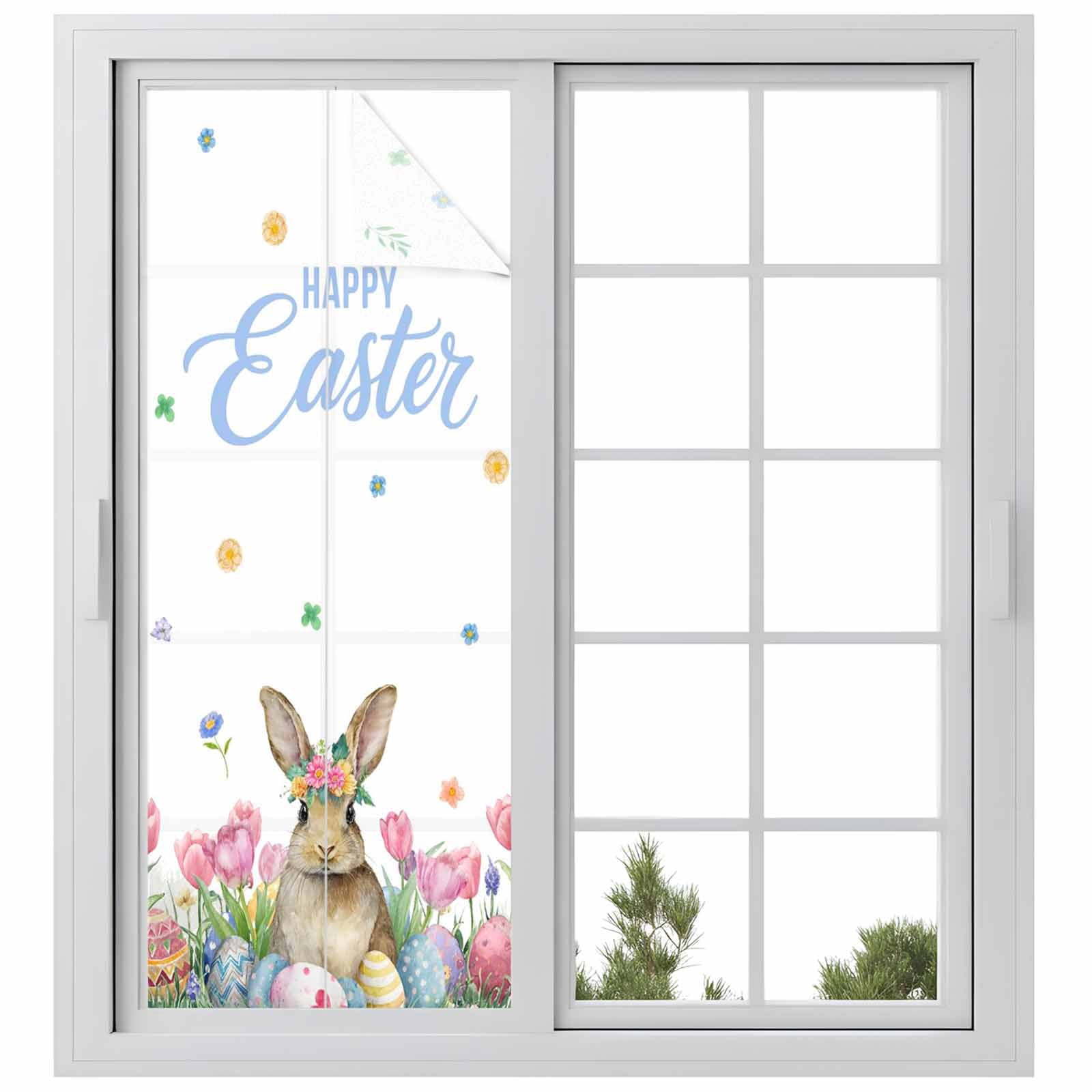 Happy Easter Window Privacy Film, Watercolor Rabbit Colored Eggs Pink Flowers Frosted Glass Window Clings Static Cling UV Heat Blocking Reusable Door Sticker for Bathroom 23.6 x 59 Inch