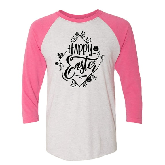 Happy Easter With Floral Design Ladies Baseball Tee-Pink-Large