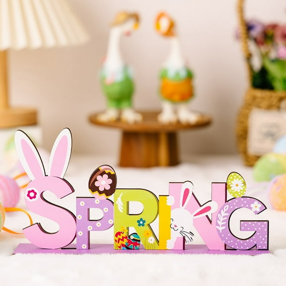 Happy Easter Wooden Letter Decor, Bunny Statue with Purple Design Party Tabletop Display Spring Holiday Craft Ornament
