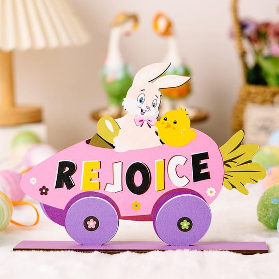 Happy Easter Wooden Letter Decor, Bunny Statue with Purple Design Party Tabletop Display Spring Holiday Craft Ornament