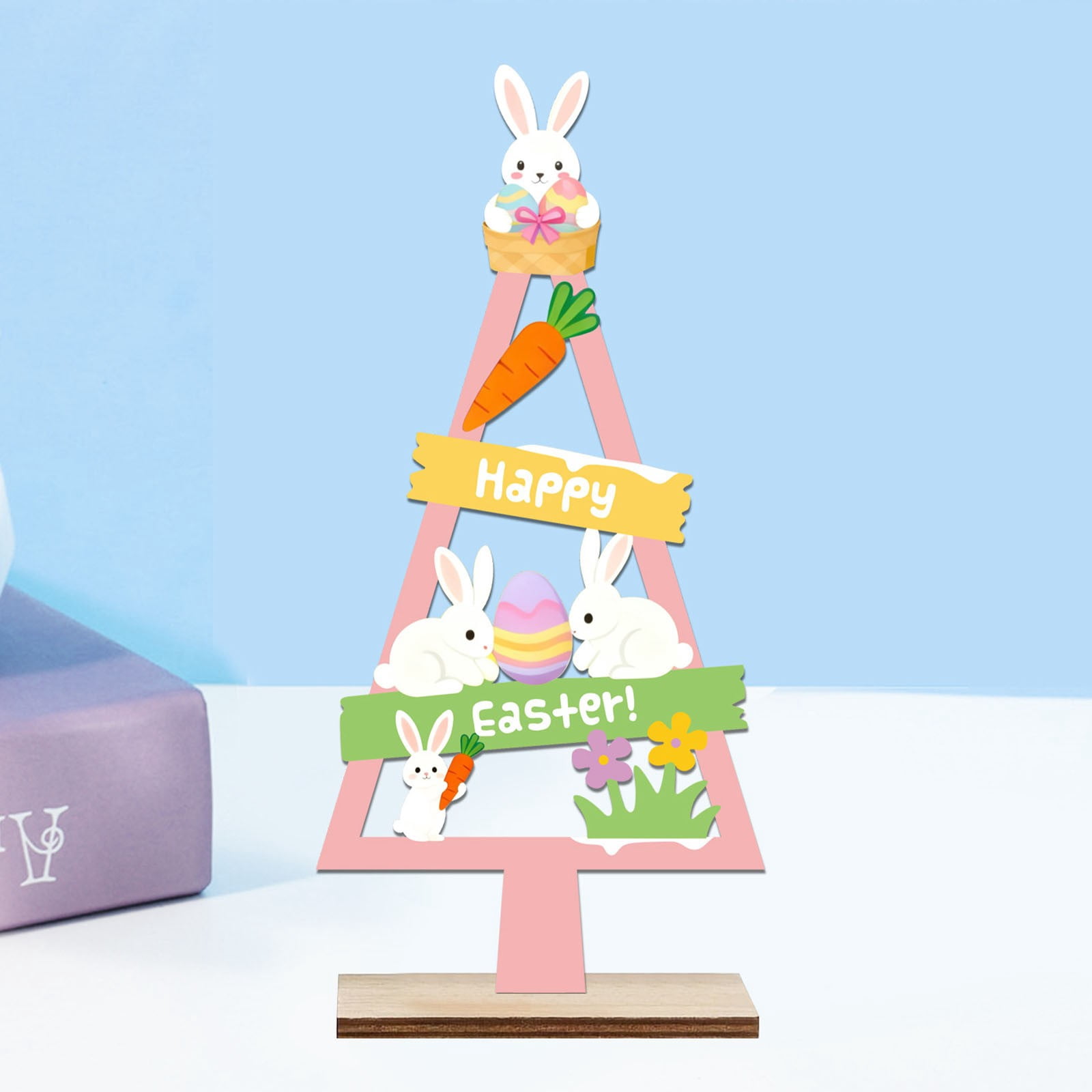 Happy Easter Wooden Table Sign, Cartoon Rabbit Mother and Baby Table ...