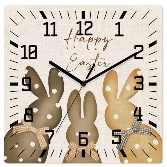 Happy Easter Wooden Wall Clock Silent Non Ticking, Polka Dot Bunny Spring Beige Burlap Square Wall Clocks Battery Operated, Decor Clock for Home Office, Living Room, Kitchen, 12 Inch