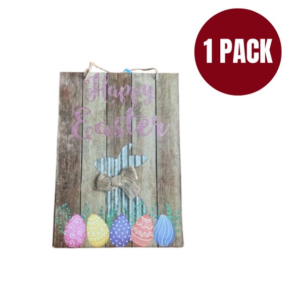 Happy Easter Wooden Wall Sign with Bunny & Colorful Eggs, Rustic Farmhouse Easter Wall Decor Hanging Plaque for Home, Front Door, Living Room, Spring Holiday Decoration