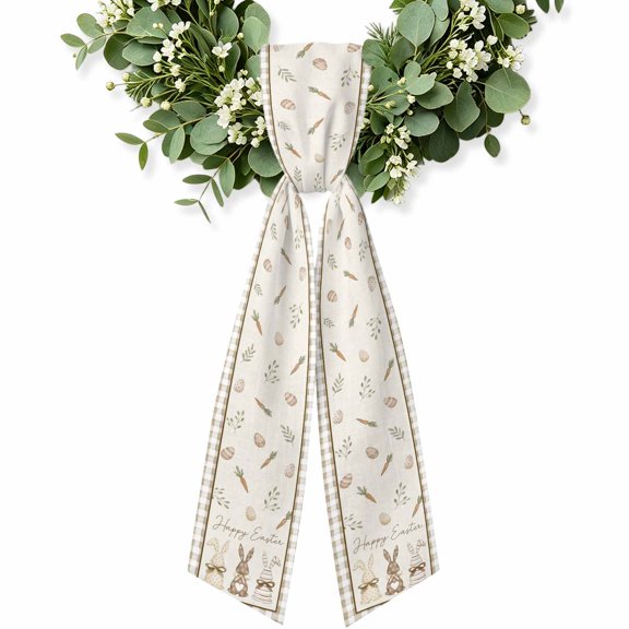 Happy Easter Wreath Sash for Front Door, Decorative Seasonal Bows Ribbons, Spring Easter Eggs Bunny Carrot Brown Palid Holiday Wreath Accessories for Home Thanksgiving Fall Christmas Decorations
