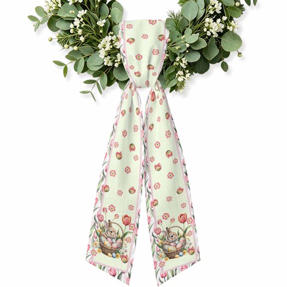 Happy Easter Wreath Sash for Front Door, Spring Bunny Easter Eggs Pink Tulips Wreath Bow Holiday Garland Ribbon Wreath Accessories for Home Yard Porch Doorway Fall Christmas Decorations Gifts